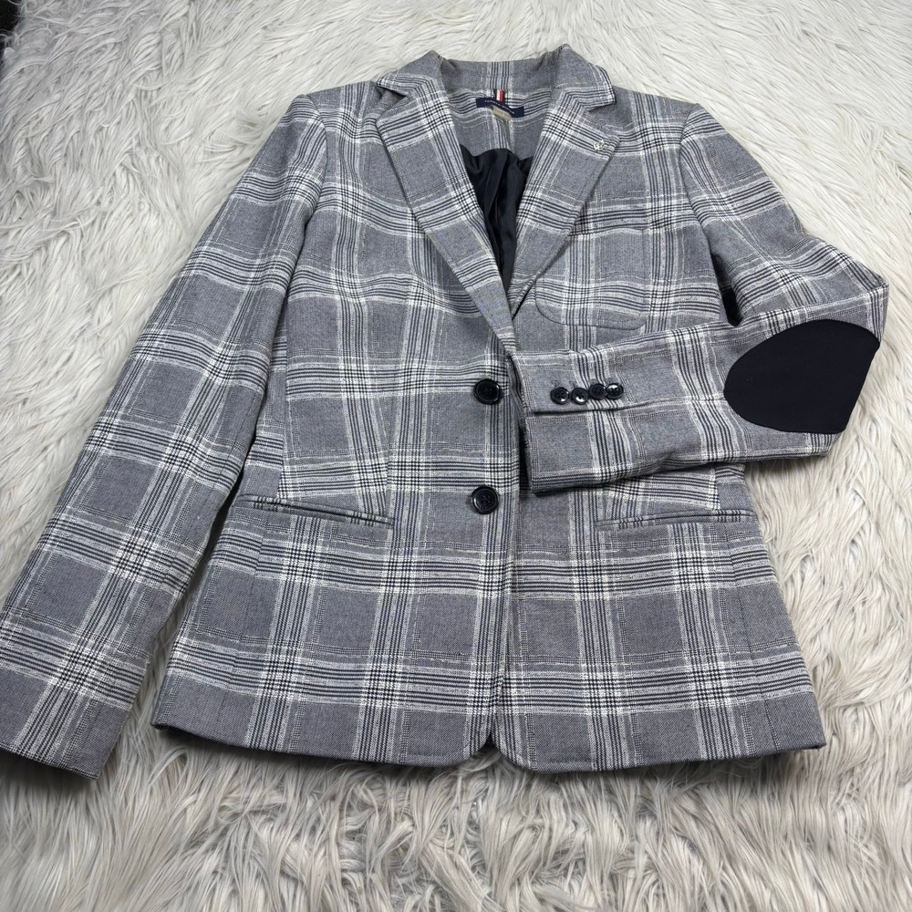 Tommy Hilfiger Women's 2 Black White Plaid Blazer Elbow Patches Preppy Heritage